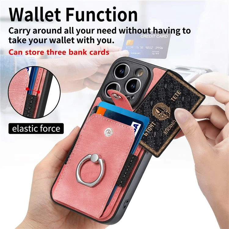 D2 For iPhone 14 Pro Max Phone Cover Ring Kickstand Card Holder PU Leather+TPU Phone Case