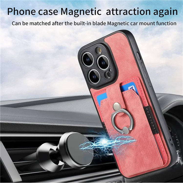 D2 For iPhone 14 Pro Max Phone Cover Ring Kickstand Card Holder PU Leather+TPU Phone Case