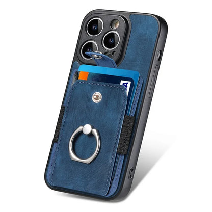 D2 For iPhone 14 Pro Max Phone Cover Ring Kickstand Card Holder PU Leather+TPU Phone Case