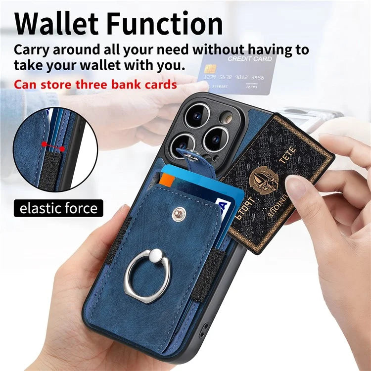 D2 For iPhone 14 Pro Max Phone Cover Ring Kickstand Card Holder PU Leather+TPU Phone Case