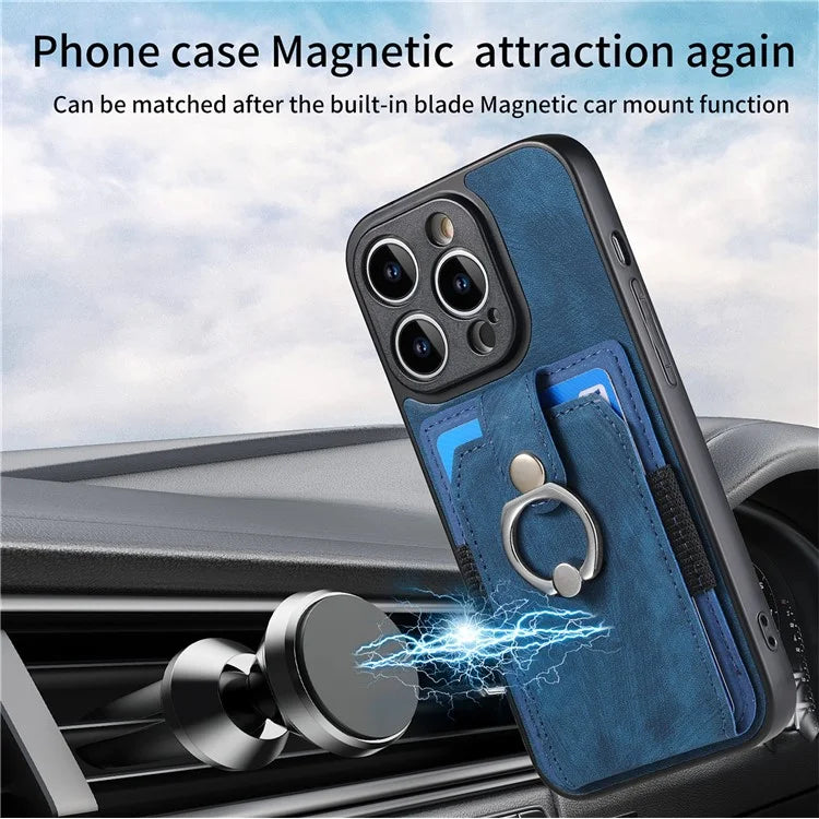 D2 For iPhone 14 Pro Max Phone Cover Ring Kickstand Card Holder PU Leather+TPU Phone Case
