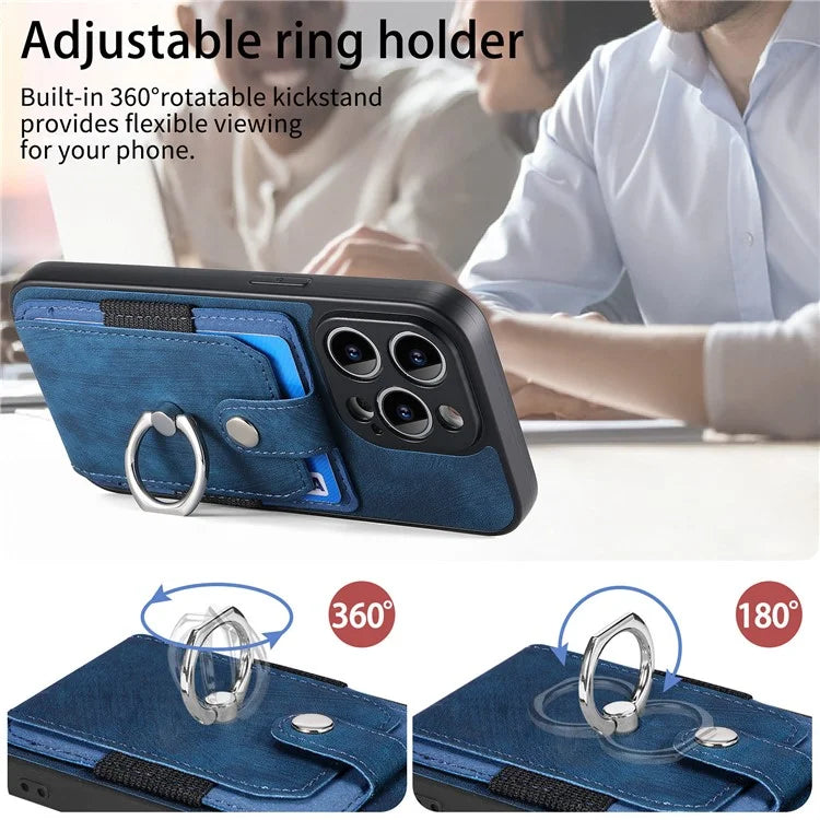 D2 For iPhone 14 Pro Max Phone Cover Ring Kickstand Card Holder PU Leather+TPU Phone Case