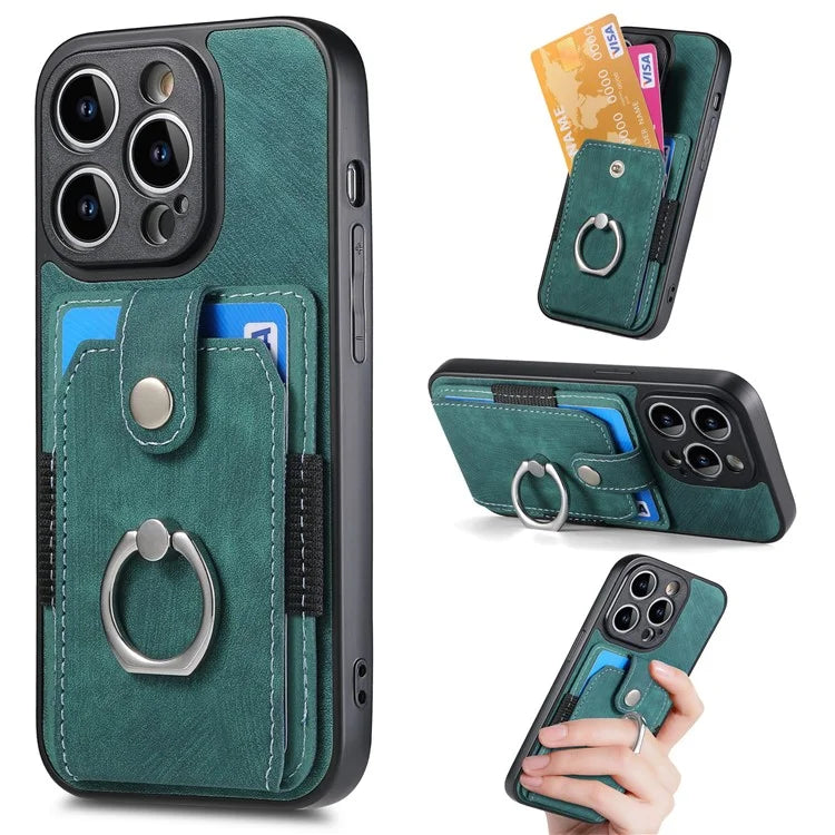 D2 For iPhone 14 Pro Max Phone Cover Ring Kickstand Card Holder PU Leather+TPU Phone Case