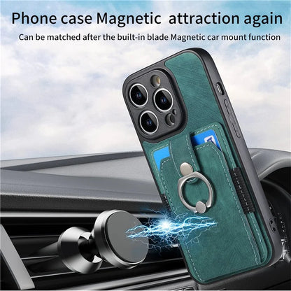 D2 For iPhone 14 Pro Max Phone Cover Ring Kickstand Card Holder PU Leather+TPU Phone Case