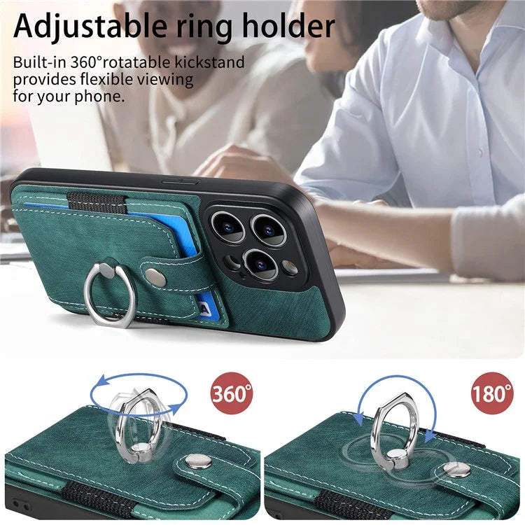 D2 For iPhone 14 Pro Max Phone Cover Ring Kickstand Card Holder PU Leather+TPU Phone Case