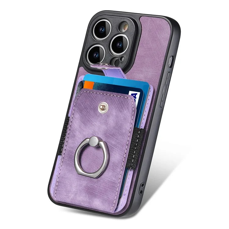 D2 For iPhone 14 Pro Max Phone Cover Ring Kickstand Card Holder PU Leather+TPU Phone Case