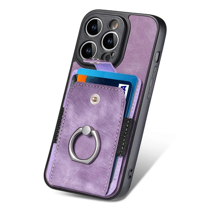 D2 For iPhone 14 Pro Max Phone Cover Ring Kickstand Card Holder PU Leather+TPU Phone Case