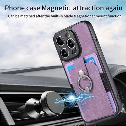 D2 For iPhone 14 Pro Max Phone Cover Ring Kickstand Card Holder PU Leather+TPU Phone Case