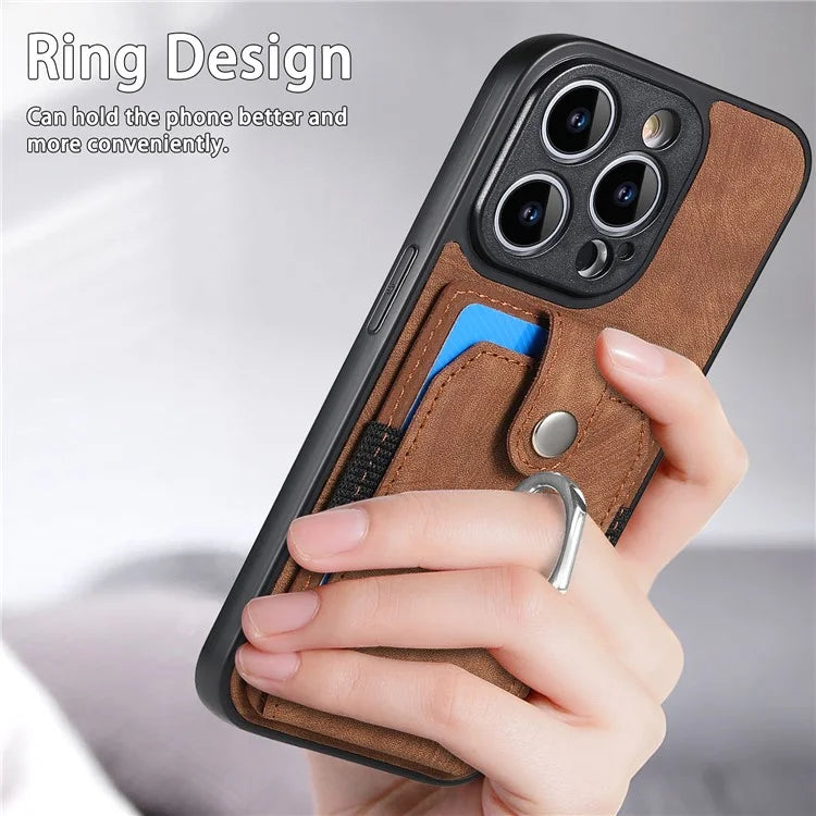 D2 For iPhone 14 Pro Max Phone Cover Ring Kickstand Card Holder PU Leather+TPU Phone Case