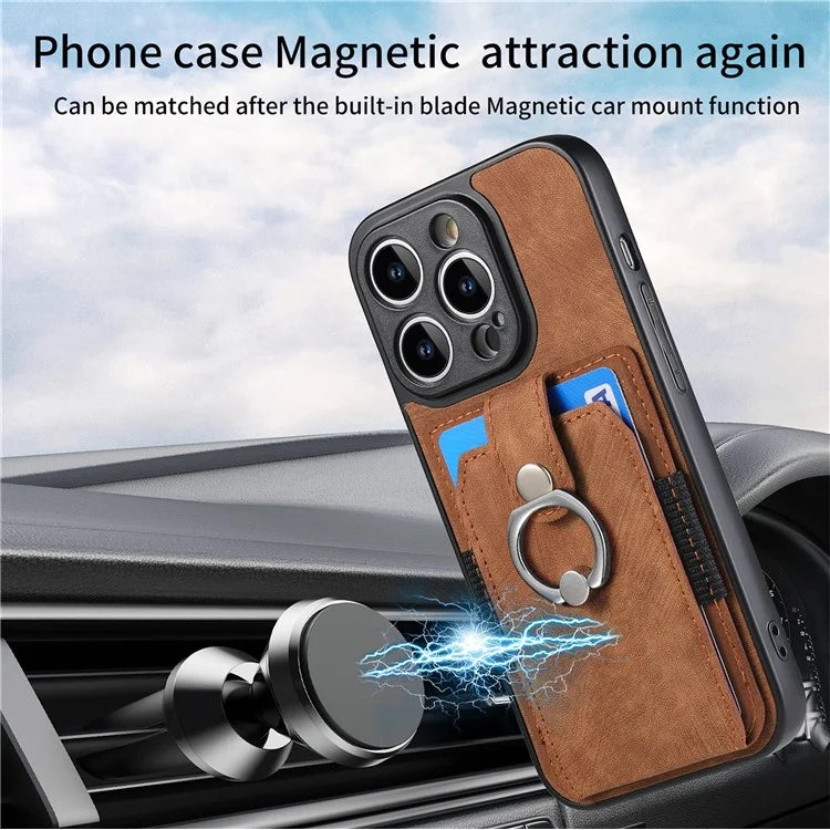 D2 For iPhone 14 Pro Max Phone Cover Ring Kickstand Card Holder PU Leather+TPU Phone Case