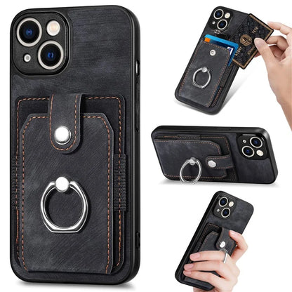 D2 Phone Case for iPhone 14 Ring Holder Kickstand TPU+PU Leather Phone Shell