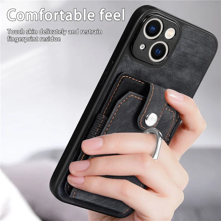 D2 Phone Case for iPhone 14 Ring Holder Kickstand TPU+PU Leather Phone Shell