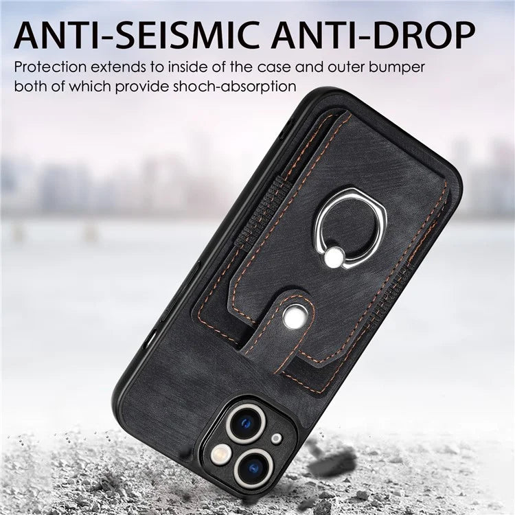 D2 Phone Case for iPhone 14 Ring Holder Kickstand TPU+PU Leather Phone Shell