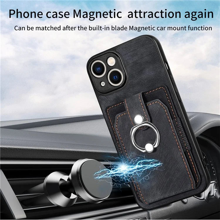 D2 Phone Case for iPhone 14 Ring Holder Kickstand TPU+PU Leather Phone Shell