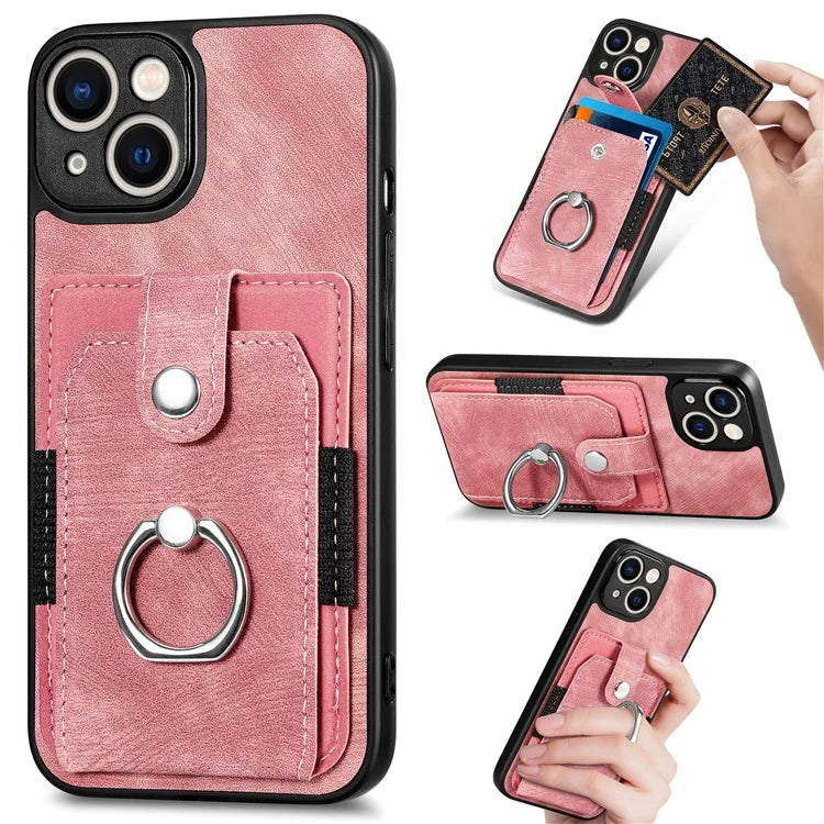 D2 Phone Case for iPhone 14 Ring Holder Kickstand TPU+PU Leather Phone Shell