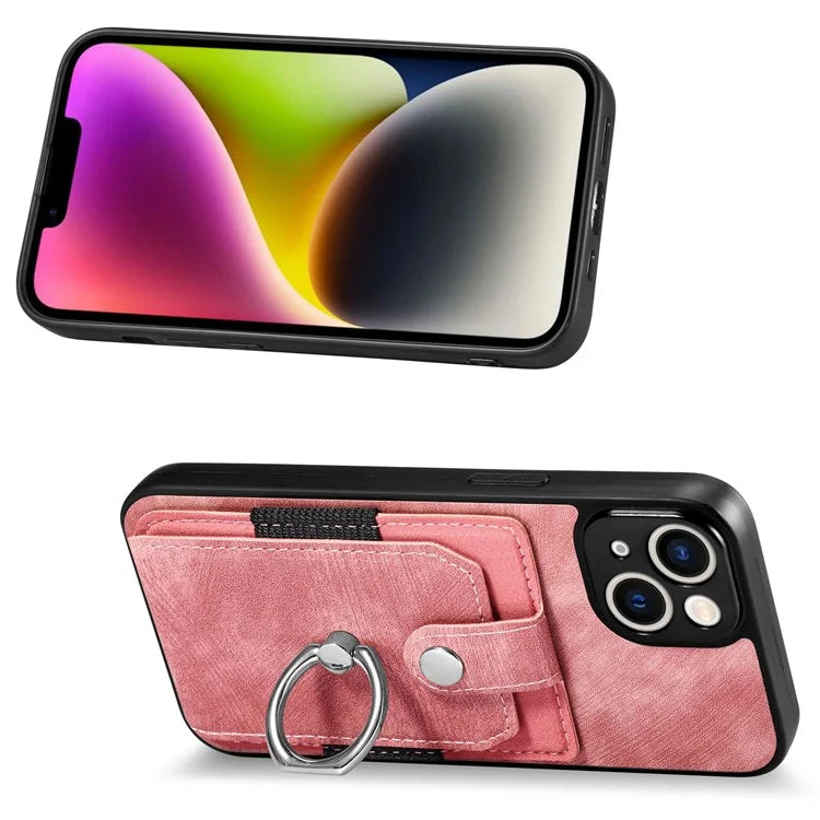 D2 Phone Case for iPhone 14 Ring Holder Kickstand TPU+PU Leather Phone Shell