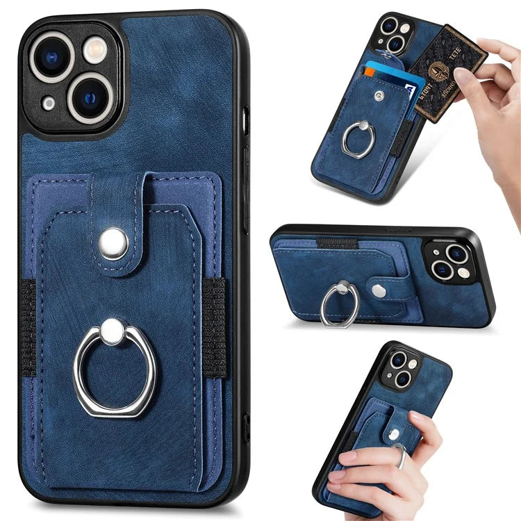 D2 Phone Case for iPhone 14 Ring Holder Kickstand TPU+PU Leather Phone Shell