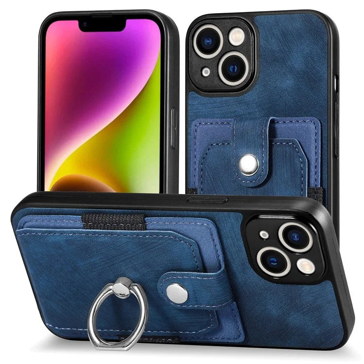 D2 Phone Case for iPhone 14 Ring Holder Kickstand TPU+PU Leather Phone Shell