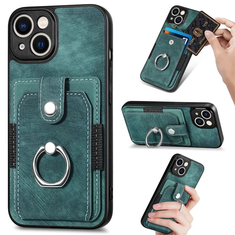 D2 Phone Case for iPhone 14 Ring Holder Kickstand TPU+PU Leather Phone Shell