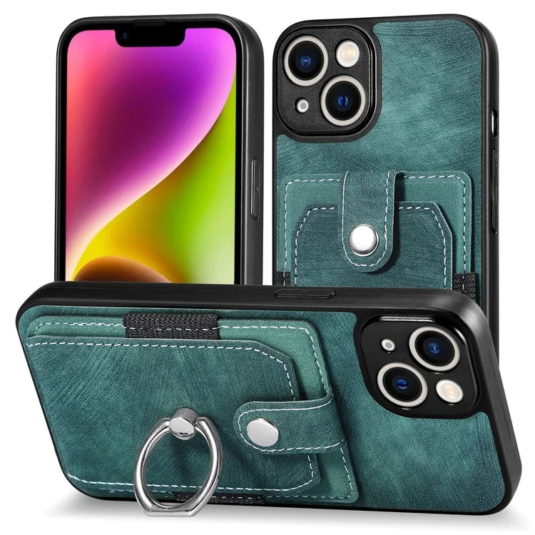 D2 Phone Case for iPhone 14 Ring Holder Kickstand TPU+PU Leather Phone Shell