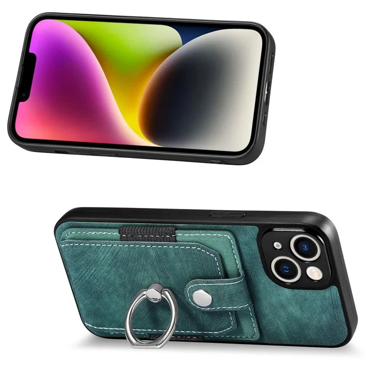 D2 Phone Case for iPhone 14 Ring Holder Kickstand TPU+PU Leather Phone Shell