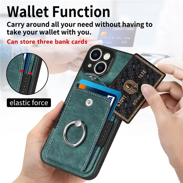 D2 Phone Case for iPhone 14 Ring Holder Kickstand TPU+PU Leather Phone Shell