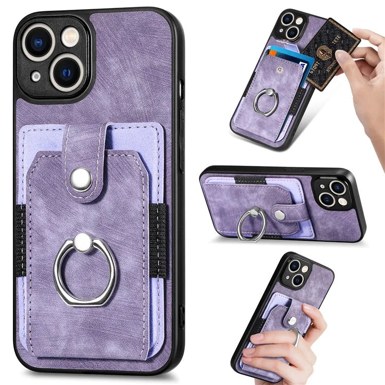 D2 Phone Case for iPhone 14 Ring Holder Kickstand TPU+PU Leather Phone Shell