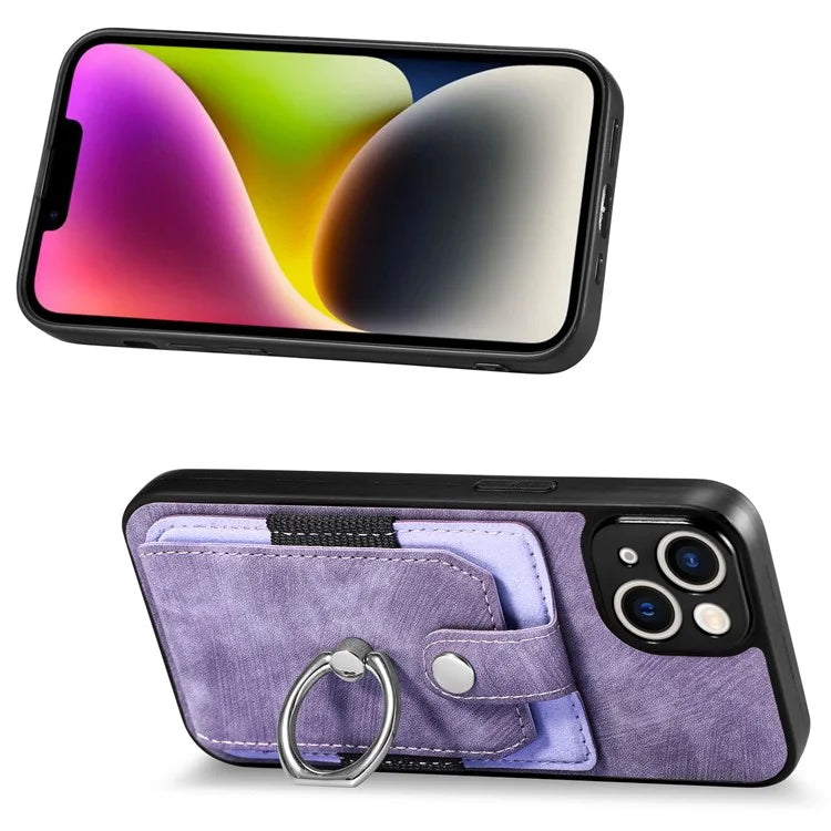 D2 Phone Case for iPhone 14 Ring Holder Kickstand TPU+PU Leather Phone Shell
