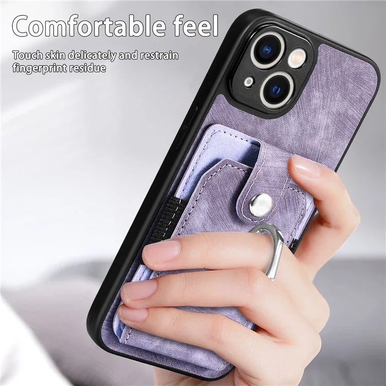 D2 Phone Case for iPhone 14 Ring Holder Kickstand TPU+PU Leather Phone Shell