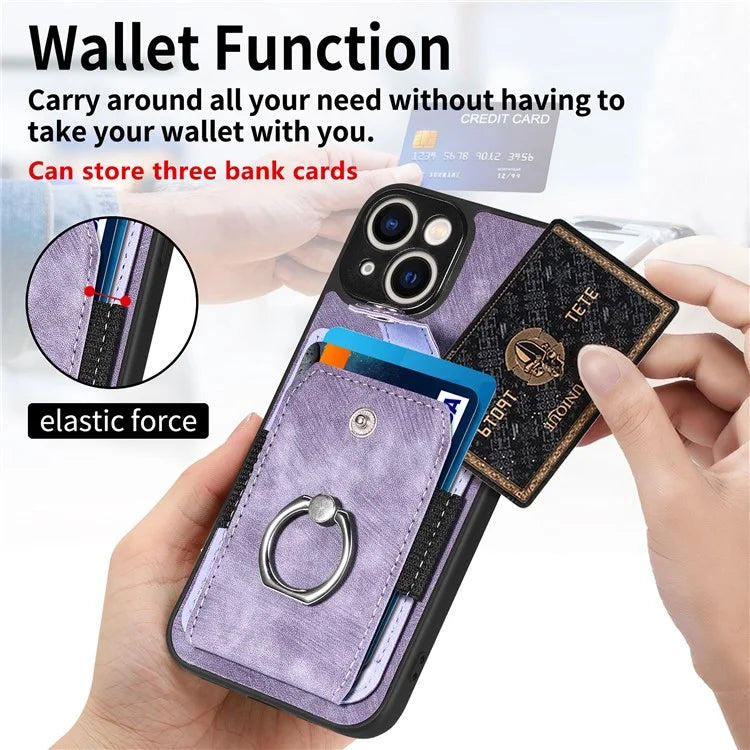D2 Phone Case for iPhone 14 Ring Holder Kickstand TPU+PU Leather Phone Shell