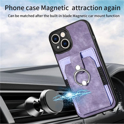 D2 Phone Case for iPhone 14 Ring Holder Kickstand TPU+PU Leather Phone Shell