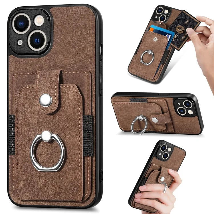 D2 Phone Case for iPhone 14 Ring Holder Kickstand TPU+PU Leather Phone Shell
