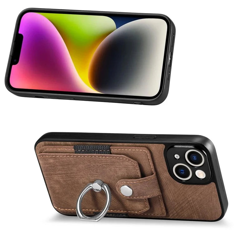 D2 Phone Case for iPhone 14 Ring Holder Kickstand TPU+PU Leather Phone Shell