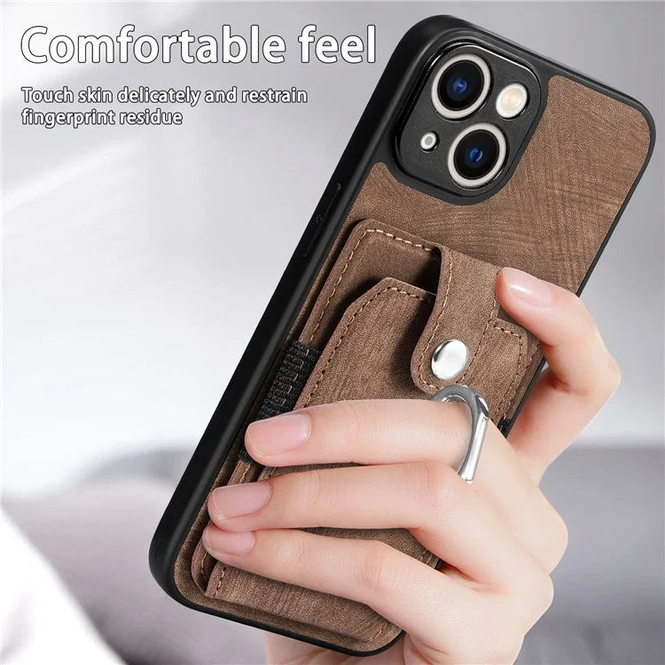 D2 Phone Case for iPhone 14 Ring Holder Kickstand TPU+PU Leather Phone Shell