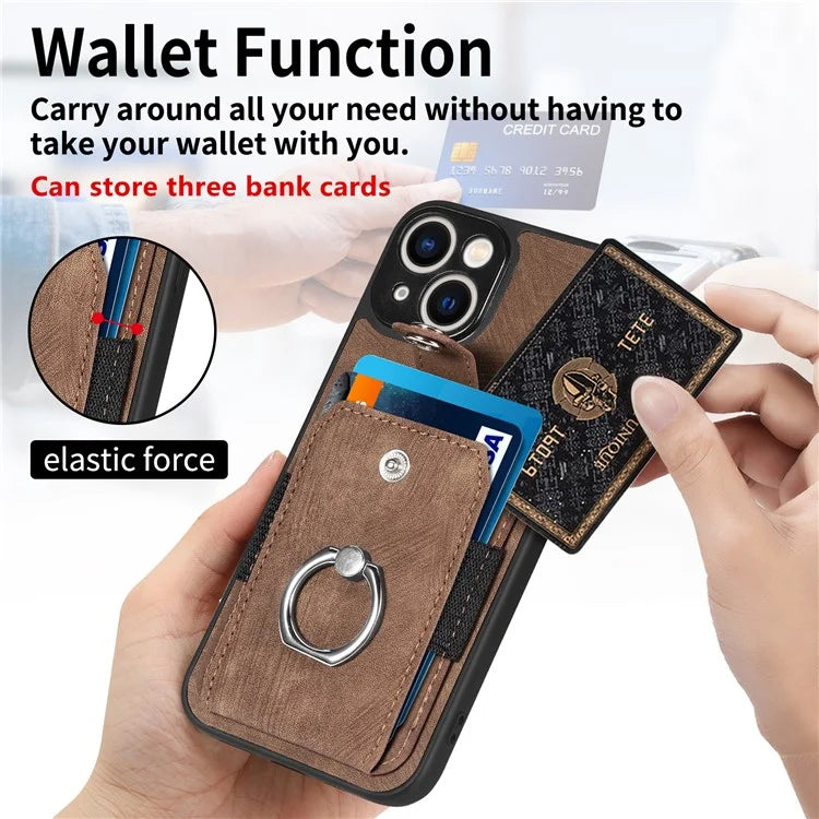 D2 Phone Case for iPhone 14 Ring Holder Kickstand TPU+PU Leather Phone Shell