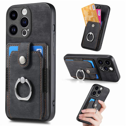 D2 Phone Case for iPhone 15 Pro Max Ring Kickstand TPU+PU Leather Protective Shell