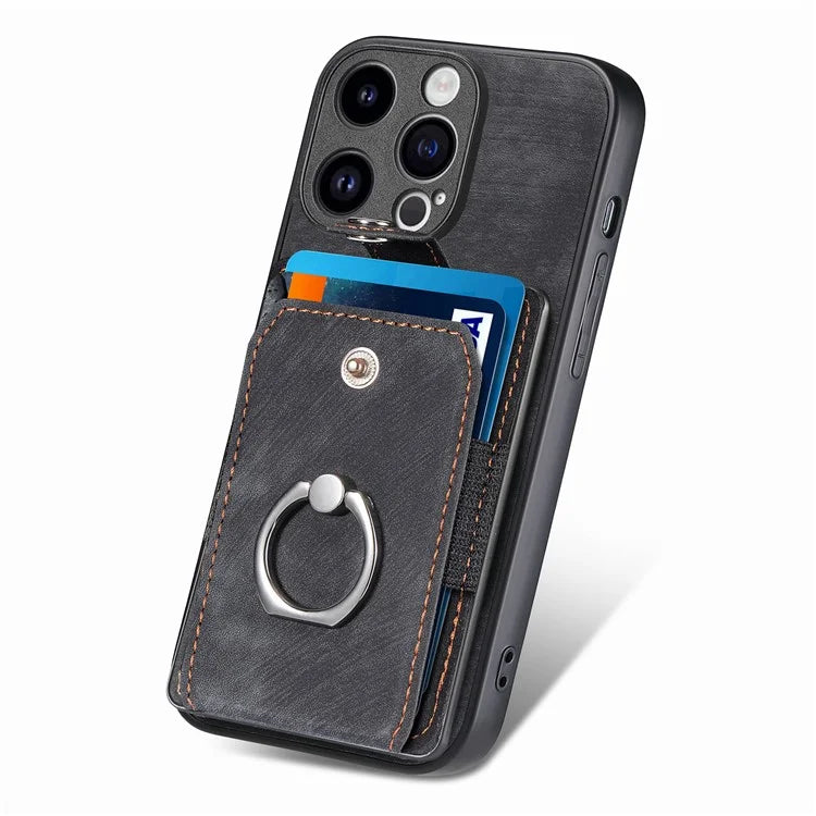D2 Phone Case for iPhone 15 Pro Max Ring Kickstand TPU+PU Leather Protective Shell