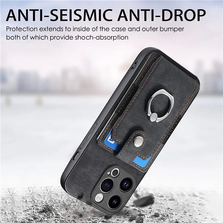 D2 Phone Case for iPhone 15 Pro Max Ring Kickstand TPU+PU Leather Protective Shell