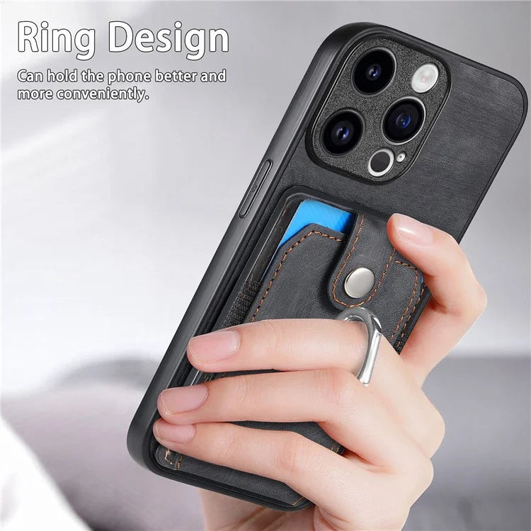 D2 Phone Case for iPhone 15 Pro Max Ring Kickstand TPU+PU Leather Protective Shell