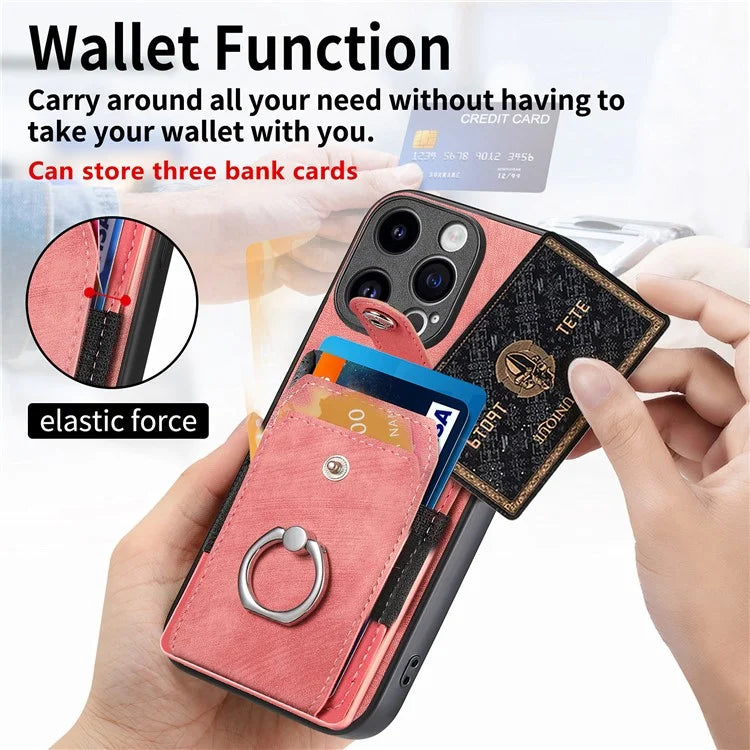 D2 Phone Case for iPhone 15 Pro Max Ring Kickstand TPU+PU Leather Protective Shell