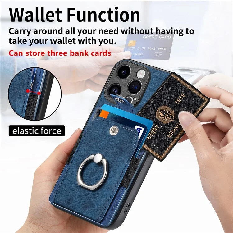 D2 Phone Case for iPhone 15 Pro Max Ring Kickstand TPU+PU Leather Protective Shell