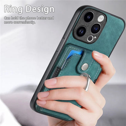 D2 Phone Case for iPhone 15 Pro Max Ring Kickstand TPU+PU Leather Protective Shell