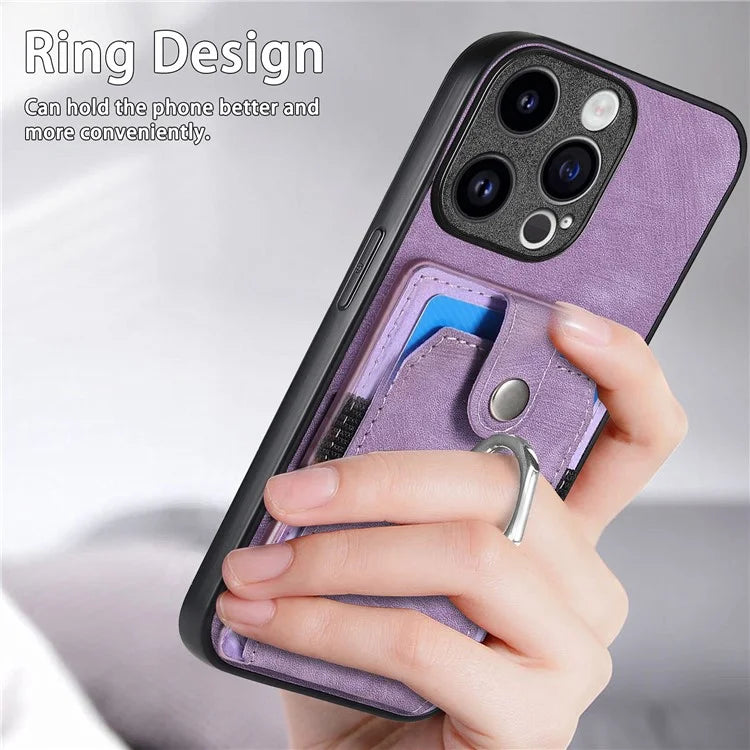 D2 Phone Case for iPhone 15 Pro Max Ring Kickstand TPU+PU Leather Protective Shell
