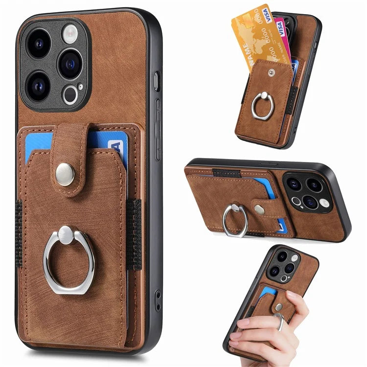 D2 Phone Case for iPhone 15 Pro Max Ring Kickstand TPU+PU Leather Protective Shell