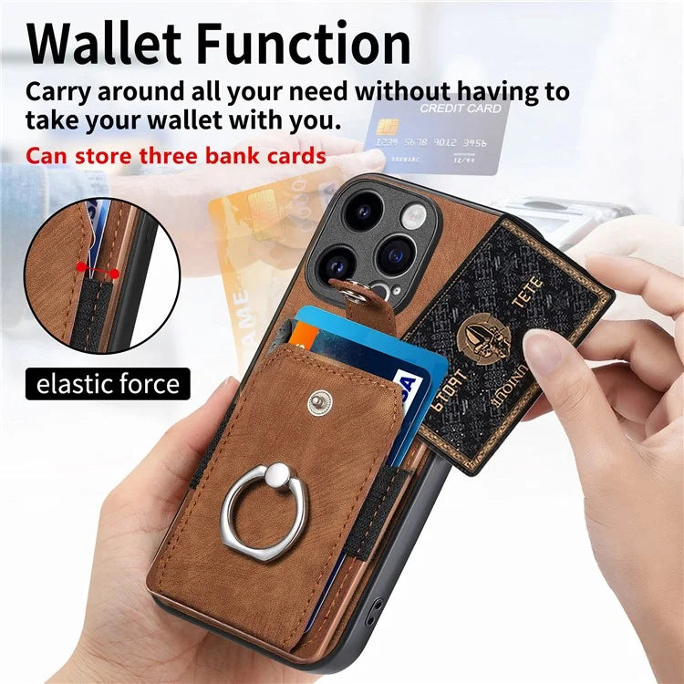 D2 Phone Case for iPhone 15 Pro Max Ring Kickstand TPU+PU Leather Protective Shell