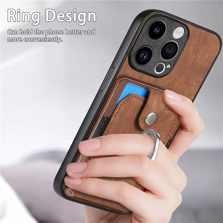D2 Phone Case for iPhone 15 Pro Max Ring Kickstand TPU+PU Leather Protective Shell