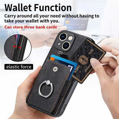 D2 For iPhone 15 Plus PU Leather+TPU Phone Case Kickstand Card Holder Phone Protective Shell
