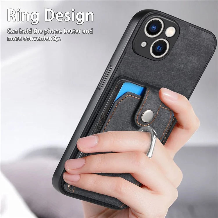 D2 For iPhone 15 Plus PU Leather+TPU Phone Case Kickstand Card Holder Phone Protective Shell