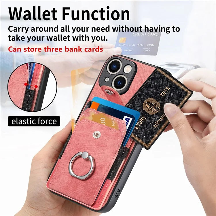 D2 For iPhone 15 Plus PU Leather+TPU Phone Case Kickstand Card Holder Phone Protective Shell