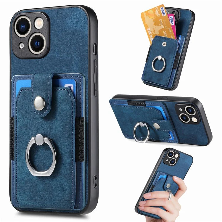 D2 For iPhone 15 Plus PU Leather+TPU Phone Case Kickstand Card Holder Phone Protective Shell
